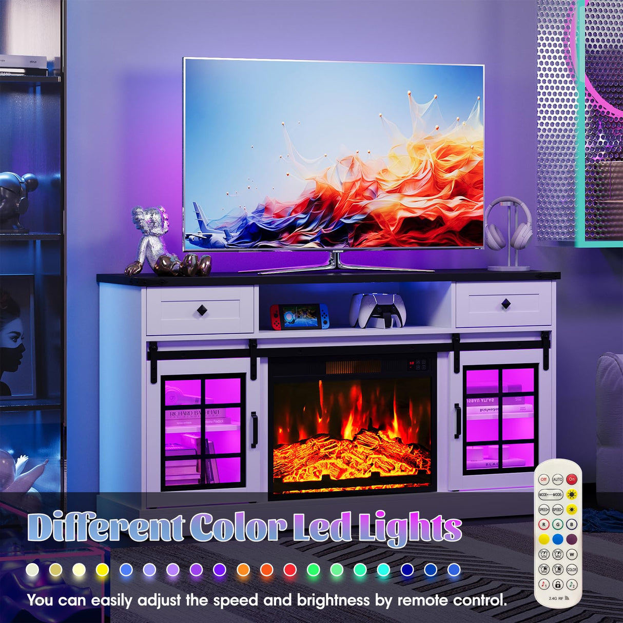 Maupvit TV Stand for Televisions 65 Inch with Sliding Barn Doors, Media Entertainment Center Storage Cabinet, Adjustable Led Light Modern Table, White Maupvit