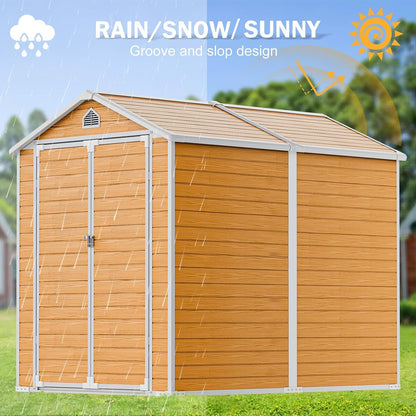 CDCASA 8x6 FT Resin Storage Shed, Waterproof Large Outdoor Shed with Floor & Lockable Door & Window & Vents, Plastic Tool Shed for Backyard, Patio, Poolside, Lawn, Wood Grain - Brown