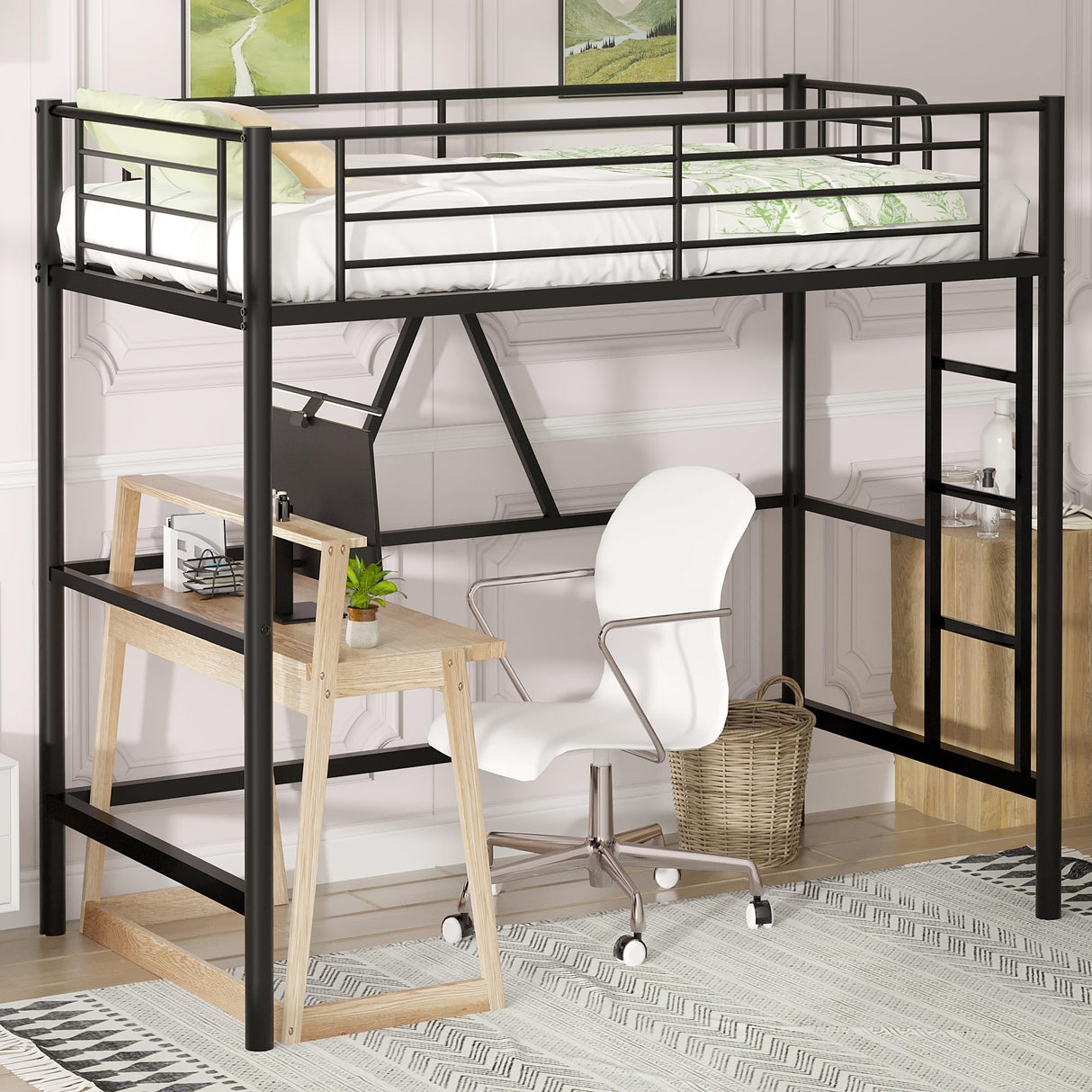 VECELO Metal Loft Bed Twin Size, Heavy Duty Bedframe with Removable Ladder and Safety Guardrail, Space-Saving, Noise Free, No Box Spring Needed, Matte Black VECELO