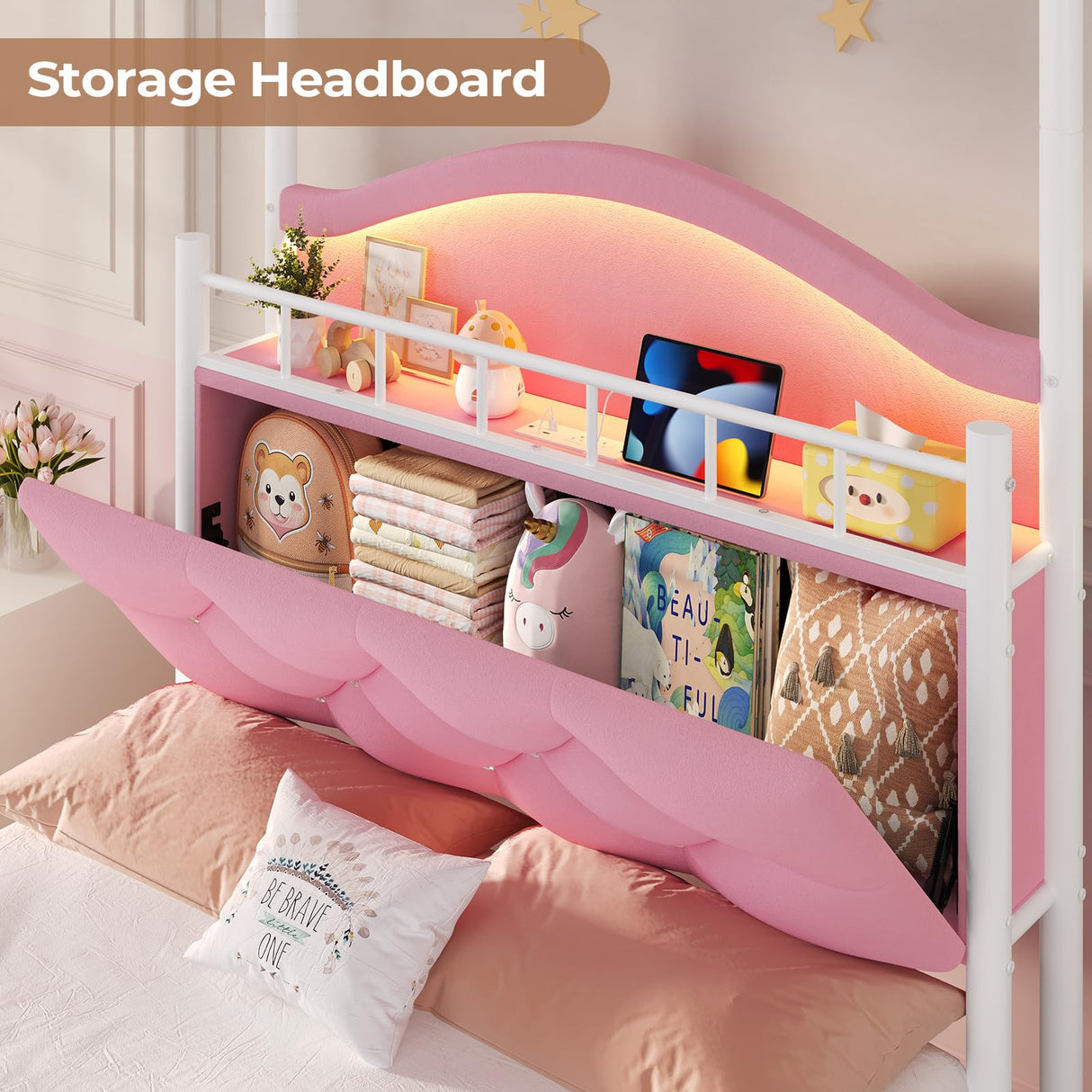 ADORNEVE Twin Canopy Bed Frame with LED Lights and Charging Station, Velvet Upholstered Platform Bed for Girls,Headboard with Charging Station & Guardrail & Crystal Button,Pink ADORNEVE