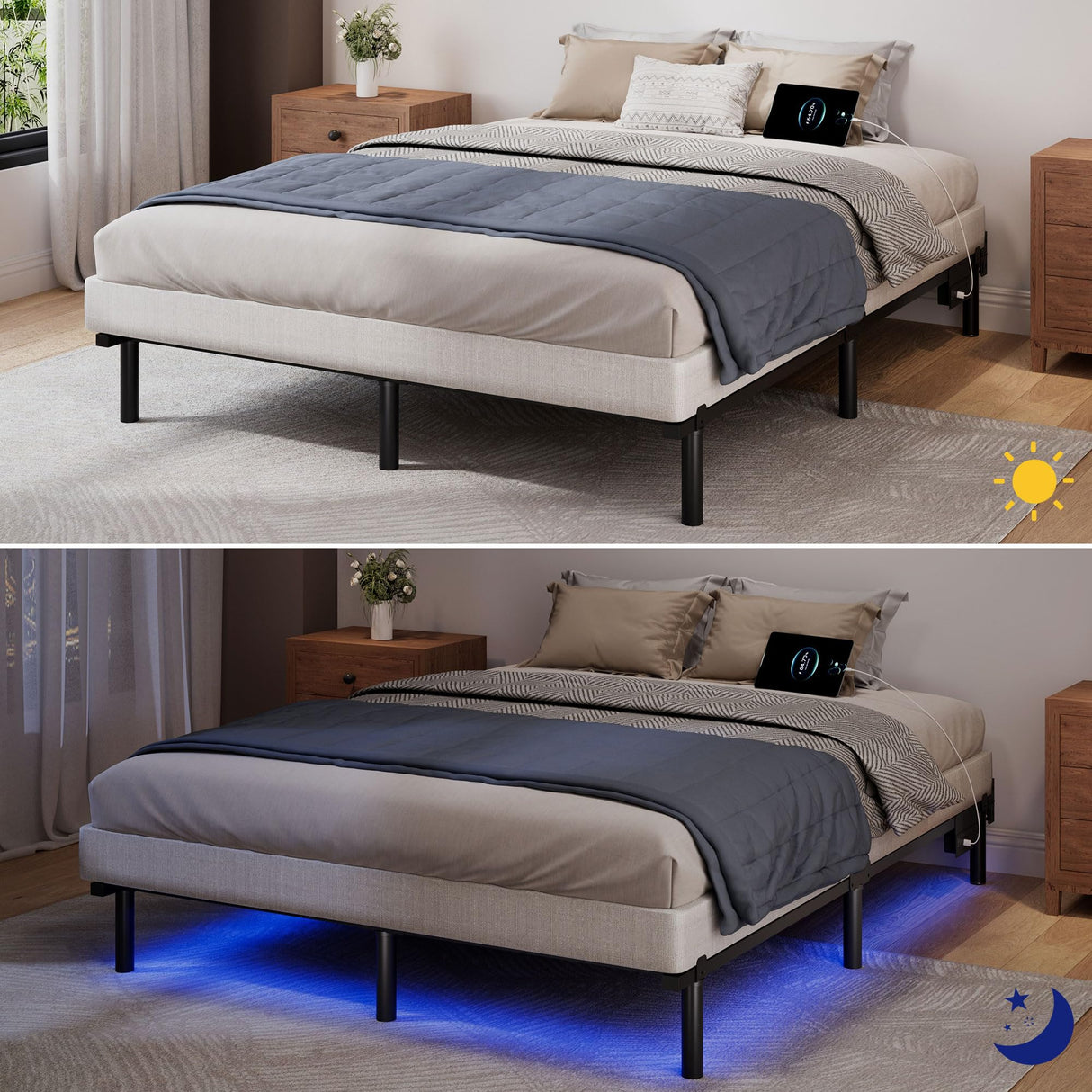 SHOANED Full Size Bed Frame with LED, 7 Inch Metal Steel Bedframe for Box Spring and Mattress, Heavy Duty Basics Bed Base, Noise Free, Easy Assembly, Black, Adjustable SHOANED