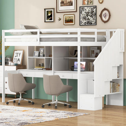 Harper & Bright Designs Twin Loft Bed with Stairs and Double Desks in White - Versatile Storage Solution for Kids - WoodArtSupply