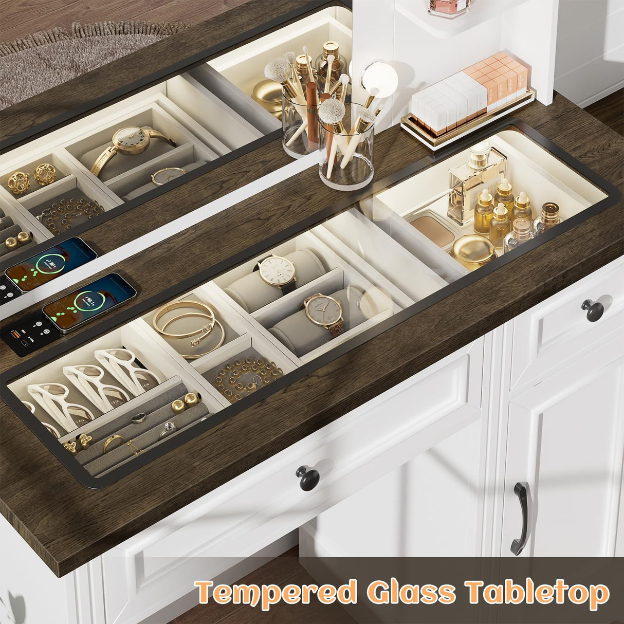 BROTTAR Large Vanity Desk with Mirror and Lights, Farmhouse Makeup Vanity with Wireless Charging Station, White Dressing Table with 2 Drawers & Storage Cabinet for Bedroom, Dressing Room BROTTAR