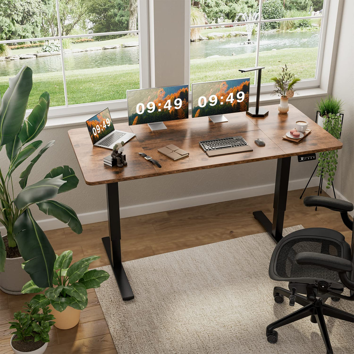 Furmax Electric Height Adjustable Standing Desk Large 63 x 24 Inches Sit Stand up Desk Home Office Computer Desk Memory Preset with T-Shaped Metal Bracket, Brown Furmax