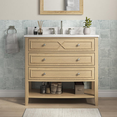DELUXE LIVING 36 Inch Bathroom Vanity with Ceramic Sink,Fully Assembled Sink Cabinet with Countertop, Wood Frame Vanity with Soft-Closing Drawers & Adjustable Feet, Oak Wood DELUXE LIVING