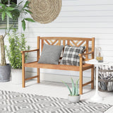 Tangkula 2-Person Acacia Wood Patio Bench with Curved Armrests and Slatted Seat Tangkula