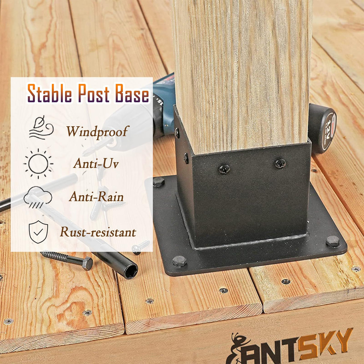 Voittozege 4 Pcs 4x4 Post Bracket Anchor Base, Deck Post Brackets Heavy Duty Wood Post Support Kit Black Powder Coated Heavy Fence Post for Wood Fence, Deck, Pergola and Mailbox Support Brackets Voittozege