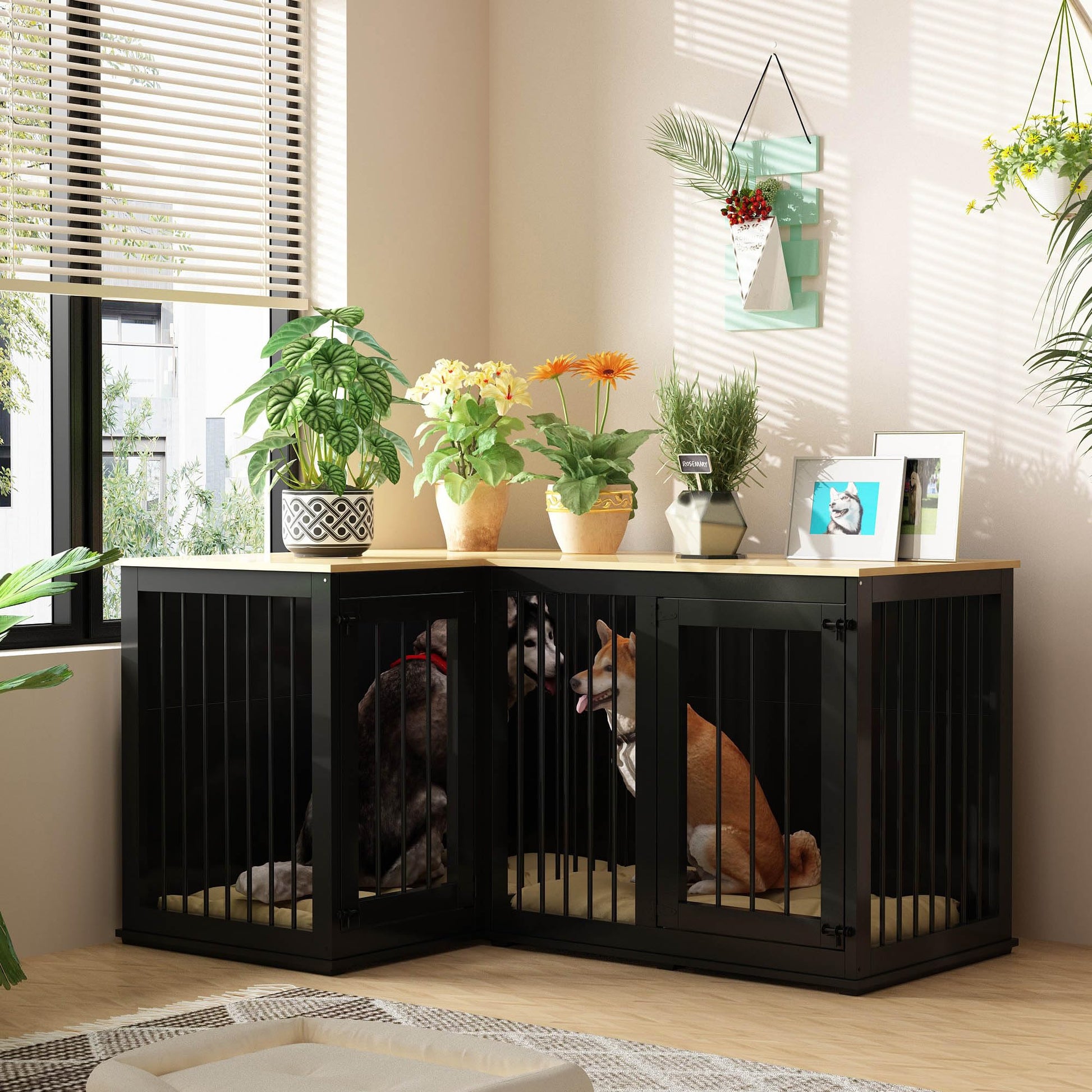 Lovinouse Corner Dog Crate Furniture for 2 Dogs, Indoor Wooden Furniture Style Heavy Duty Large Dog Kennel House with Double Rooms & Divider for Large & Medium Dogs, Black - WoodArtSupply