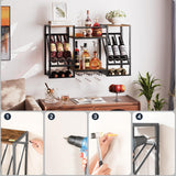 HOOBRO Wall Mounted Wine Rack, 3-Tier Wall Wine Rack, Floating Shelf with Wine Glass and Bottle Holders, Display Storage Shelf, for Dining Room, Kitchen, Living Room, Rustic Brown and Black BF23BJ01 HOOBRO