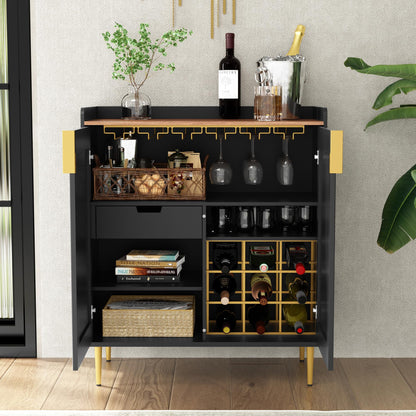 ARTPOWER Sideboard Buffet Cabinet with Fluted Texture, Modern Coffee Bar Cabinet with Wine Rack&Drawers, Black Liquor Cabinet for Kitchen Dining Room, Living Room