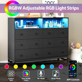 Black Dresser for Bedroom With LED Light & Charging Station, 6 Drawers Wooden Dressers for Women With Open Space, Modern Chest of Wide Drawers for Girls Bedroom Living Room, Entryway, Hallway Patikuin