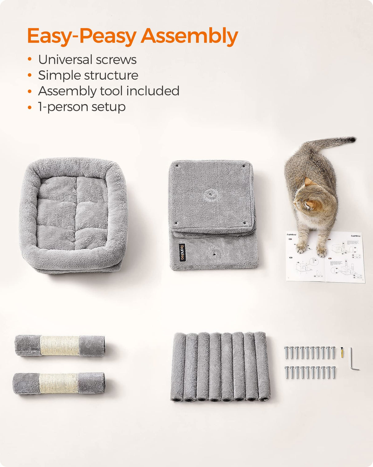 Feandrea Cat Tree, 26.4-Inch Cat Tower, S, Cat Condo for Kittens up to 7 lb, Large Cat Perch, 2 Cat Caves, Scratching Post, Light Gray UPCT611W01 Feandrea