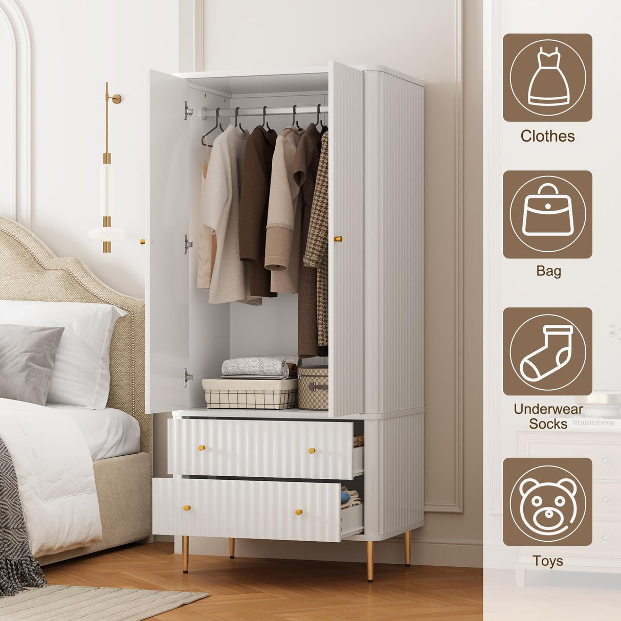 HLR Armoire Wardrobe Closet with Drawers, 72" Tall Modern Bedroom Armoire with Hanging Rod, Large freestanding Wooden Wardrobe Cabinet for Bedroom, Cloak Room (White) HLR