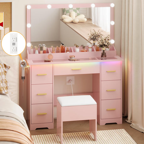 Makeup Vanity Desk with RGB LED Lights,Glass Top Vanity Desk with Mirror and Lights & Charging Station, 5 Drawers Vanity Mirror with Lights Desk and Chair for Women 3 Lightings Mode Adjusted, Pink HUANLEGO