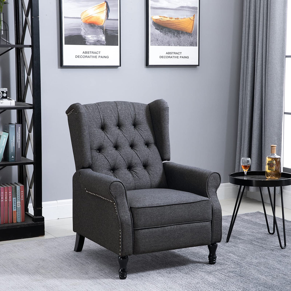 HOMCOM Fabric Upholstered Wingback Recliner, Tufted Push Back Accent Chair, Linen Arm Chair with Footrest, Armrest, Padded Cushion, Dark Grey HOMCOM