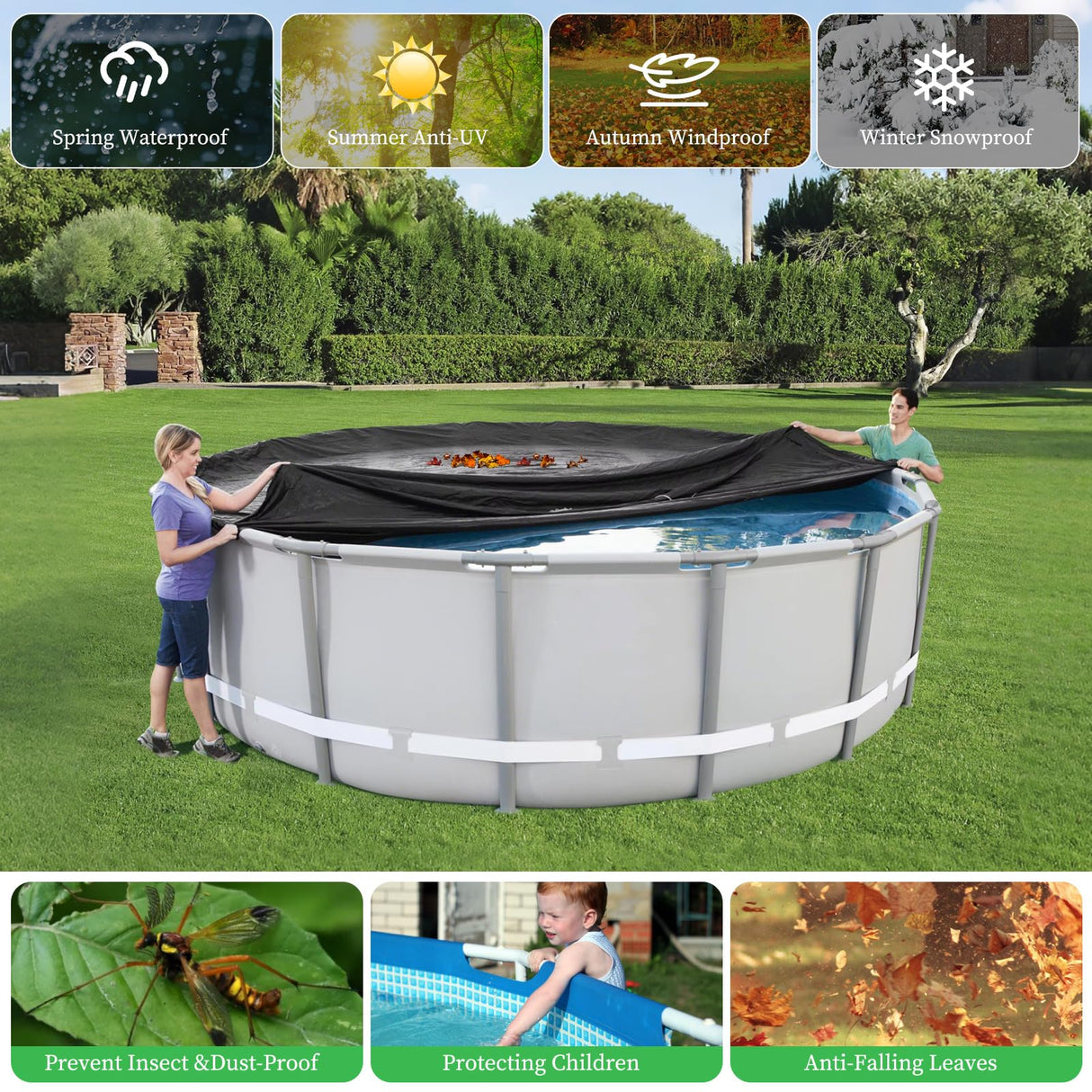 HIGHTQURO 18Ft Round Pool Cover,Heavy Duty Waterproof Round Pool Covers for Above Ground Pools with Ground Nails and Windproof Ropes,Increase Stability&Tear-Resistant, Waterproof and Dustproof, Black HIGHTQURO