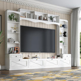 Loomie 104" W Wall Unit TV Stand with Storage for TVs up to 80", Large Farmhouse Wall Unit Entertainment Center with Bridge & Bookshelves, Tall TV Console Table Media Center for Living Room (White) Loomie
