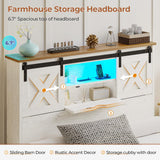 Hasuit Farmhouse Bed Frame Twin Size with 2 Storage Drawers, Wooden Platform Twin Bed with LED Lights and Charging Station, Rustic Accent Headboard with Sliding Barn Door Storage Cabinets Hasuit