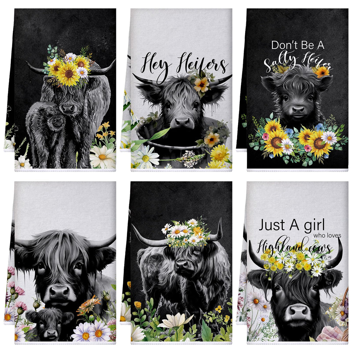 Boyiee Set of 6 Highland Cow Kitchen Towels Hello Heifers Tea Towels Absorbent Dish Towels 24 x 16 Inches Kitchen Gifts Just Who Loves Cow Hand Towels for Farmhouse Kitchen Bathroom Decorations Boyiee