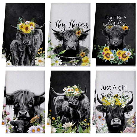 Boyiee Set of 6 Highland Cow Kitchen Towels Hello Heifers Tea Towels Absorbent Dish Towels 24 x 16 Inches Kitchen Gifts Just Who Loves Cow Hand Towels for Farmhouse Kitchen Bathroom Decorations Boyiee
