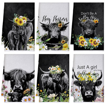 Boyiee Set of 6 Highland Cow Kitchen Towels Hello Heifers Tea Towels Absorbent Dish Towels 24 x 16 Inches Kitchen Gifts Just Who Loves Cow Hand Towels for Farmhouse Kitchen Bathroom Decorations