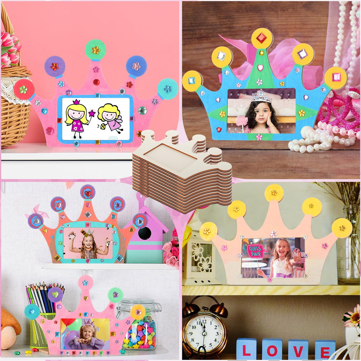 Blueweenly 12 Pcs DIY Picture Frame Painting Craft Kits for Kids Wooden Crown Princess Party Favors Paint and DIY Your Own Frame with 88 Cell Rhinestone Stickers 12 Color Paint for Girls Birthday Blueweenly