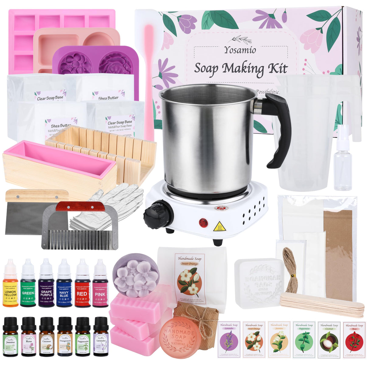 Yosamio Deluxe Soap Making Kit with Custom Stamp & Melter – 40+ PCS DIY Set for Adults & Kids – Includes Shea Butter & Clear Bases, Essential Oils, Molds, Dyes, Tools & Pot – Great Gift for Beginners Yosamio
