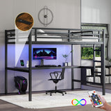 Full Size Metal Loft Bed with Desk and LED Lights,Heavy Duty Loft Bed Frame with Charging Station and USB for Kids,Teens,Adults,Full Size,Black Bellemave