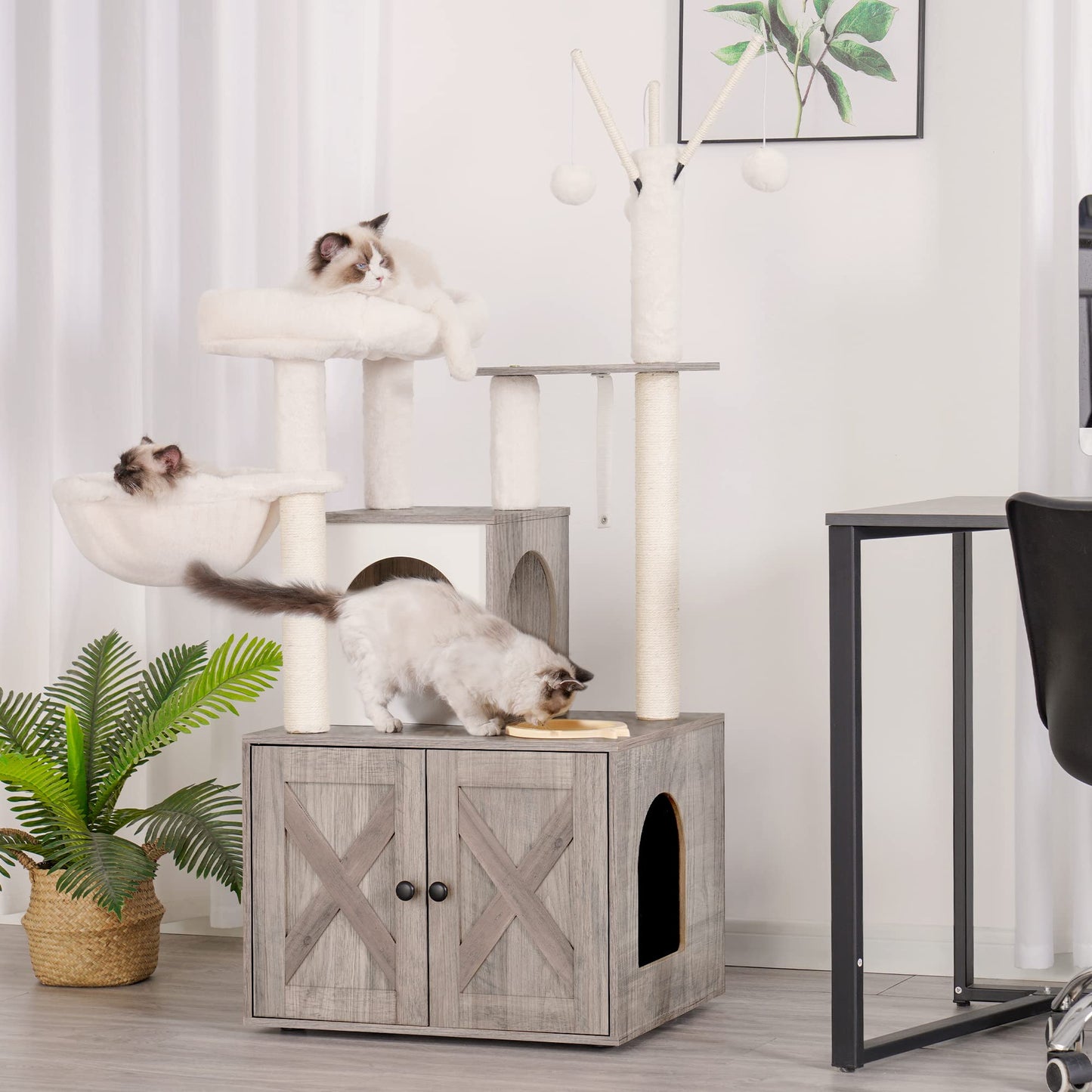 Heybly Cat Tree, Wood Litter Box Enclosure with Food Station, All-in-one Indoor Cat Furniture with Large Platform and Condo, Modern Style Cat Tower, Hammock, Rustic Brown HCT102SG - WoodArtSupply