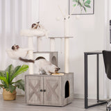 Heybly Cat Tree, Wood Litter Box Enclosure with Food Station, All-in-one Indoor Cat Furniture with Large Platform and Condo, Modern Style Cat Tower, Hammock, Rustic Brown HCT102SG Heybly