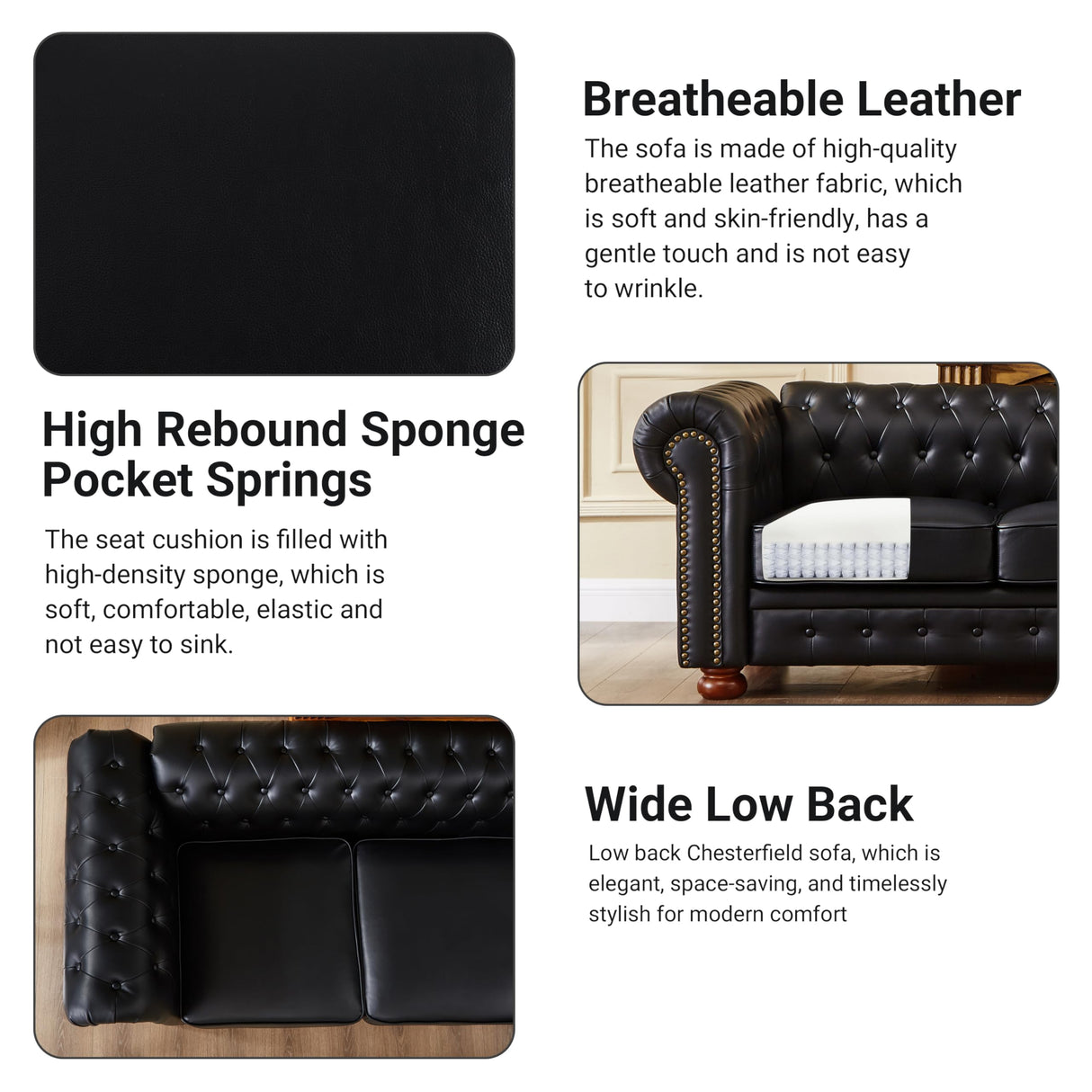 N NOORDENIYA Chesterfield Leather Sofa, 89" Mid Century Modern Couch with Low Back, Roll Arm Nailhead Trim Classic 3 Seater Couch for Living Room, Office, Apartment, PU Black N NOORDENIYA