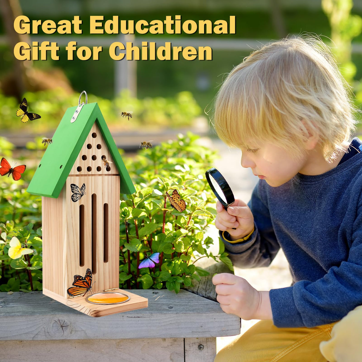 3-in-1 Butterfly House Feeder Bee House, Wooden Butterfly Houses for The Garden, Butterfly Feeders for Outdoors, Natural Butterfly Garden Kit Habitat with Puddler Beyoogeem