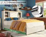 AMERLIFE Queen Bed Frame with Hidden Sliding Bookcase Headboard, Charging Station, 2 Large Storage Drawers, Metal & Wood Platform, Farmhouse, No Box Spring Needed, White & Barnwood AMERLIFE