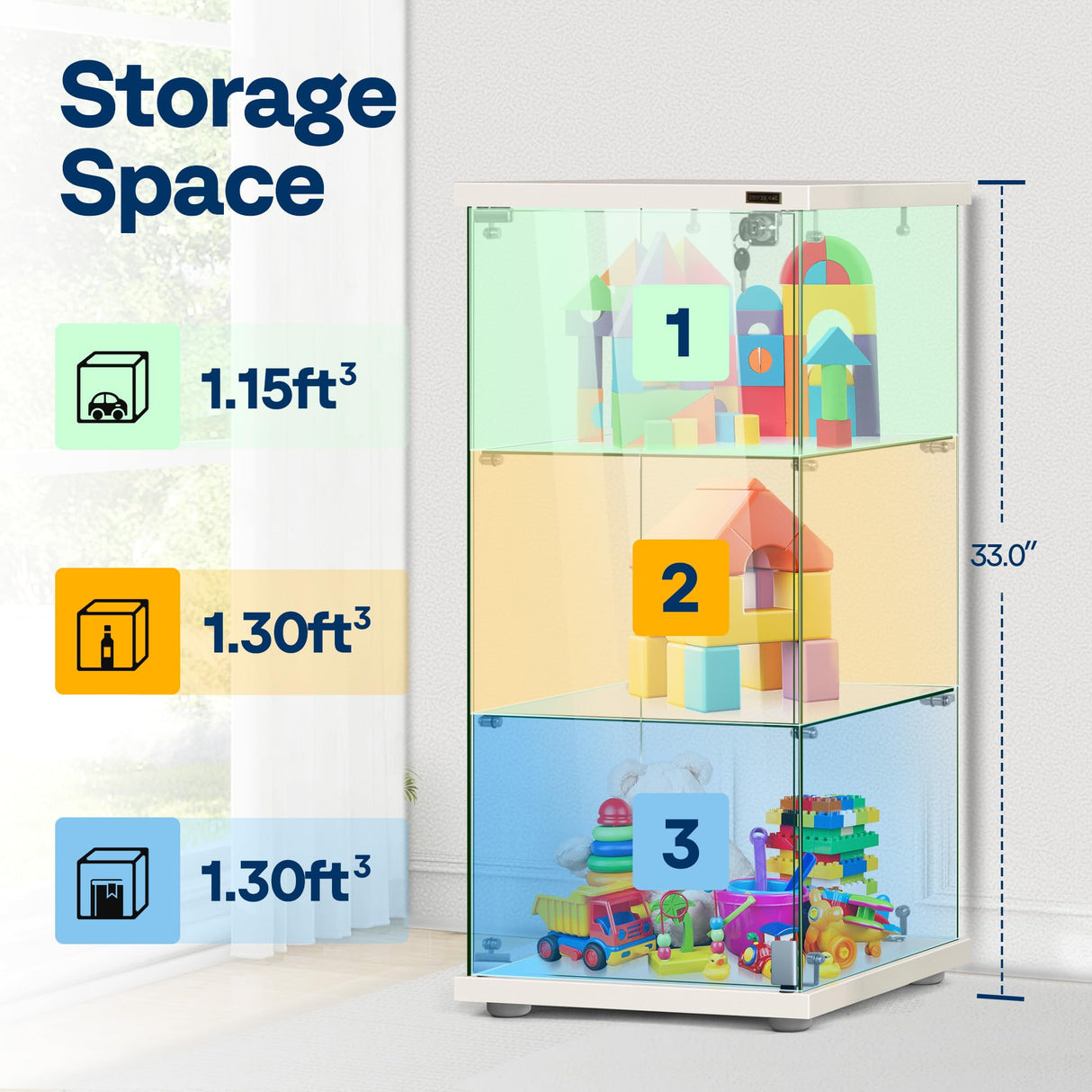 VIVOHOME 3 Layers 16''W x 16''D x 33''H Glass Display Cabinet Showcase Countertop with Lock, 4mm Tempered Glass 25mm MDF Base VIVOHOME