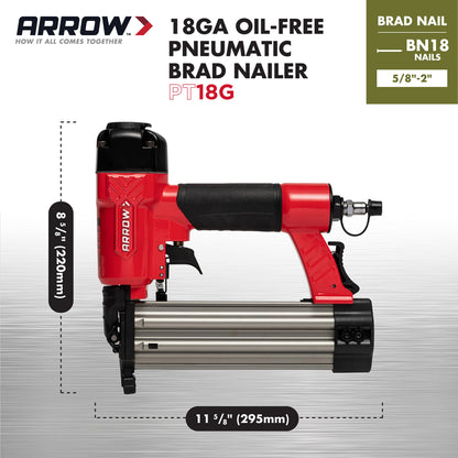 Arrow PT18G Gauge Oil-Free Pneumatic Brad Nailer - Small Light Trim and Interior Molding Work, Operates Up to 100psi Compression Unit, Fits 5/8", 3/4", 1", 1.5", 2" Brad Nails - WoodArtSupply