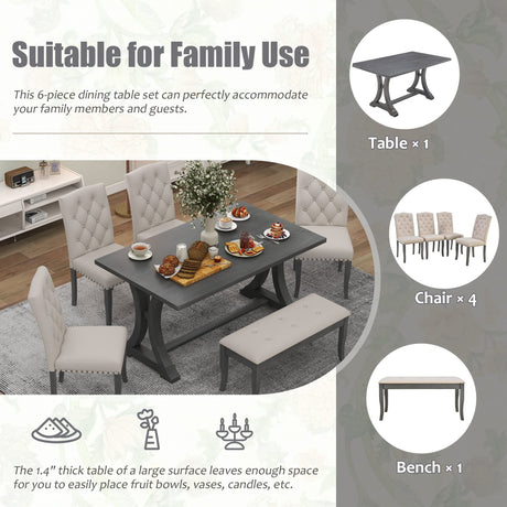 Farmhouse Dining Table Set for 6, Kitchen Table Set with Chairs and Bench, 6 Piece Solid Wood Dining Room Set with Trestle Table Legs for Kitchen, Dining Room (Antique Grey) Mirightone