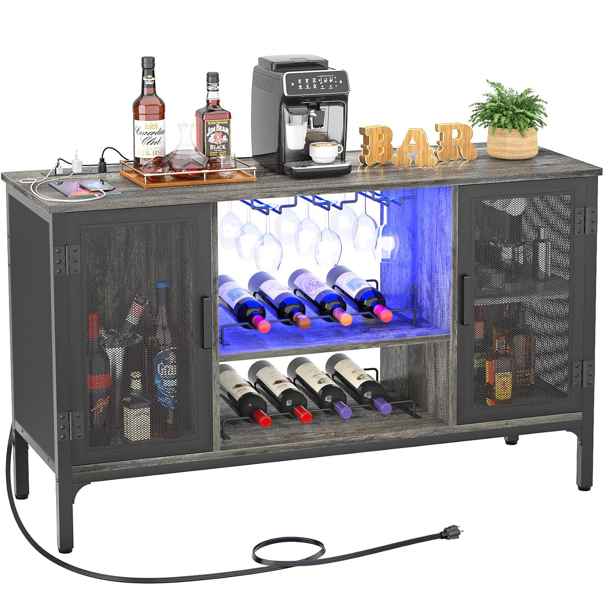 Homieasy Wine Bar Cabinet with Led Lights and Power Outlets, Industrial Coffee Bar Cabinet for Liquor and Glasses, Farmhouse Bar Cabinet with Removable Wine Racks, Black Oak Homieasy