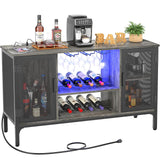 Homieasy Wine Bar Cabinet with Led Lights and Power Outlets, Industrial Coffee Bar Cabinet for Liquor and Glasses, Farmhouse Bar Cabinet with Removable Wine Racks, Black Oak Homieasy