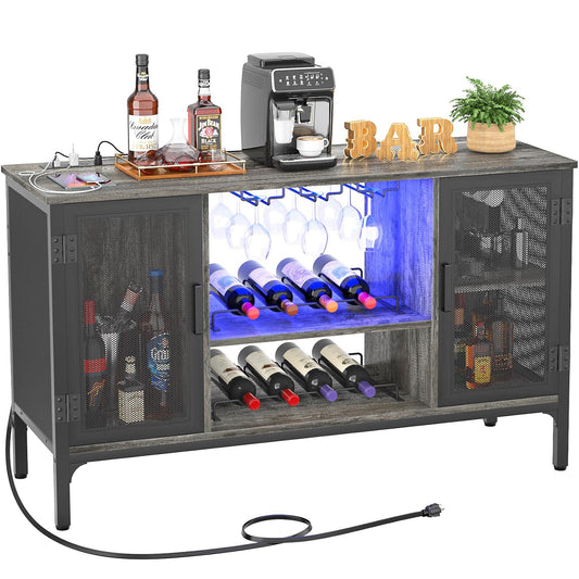 Homieasy Wine Bar Cabinet with Led Lights and Power Outlets, Industrial Coffee Bar Cabinet for Liquor and Glasses, Farmhouse Bar Cabinet with Removable Wine Racks, Black Oak - WoodArtSupply