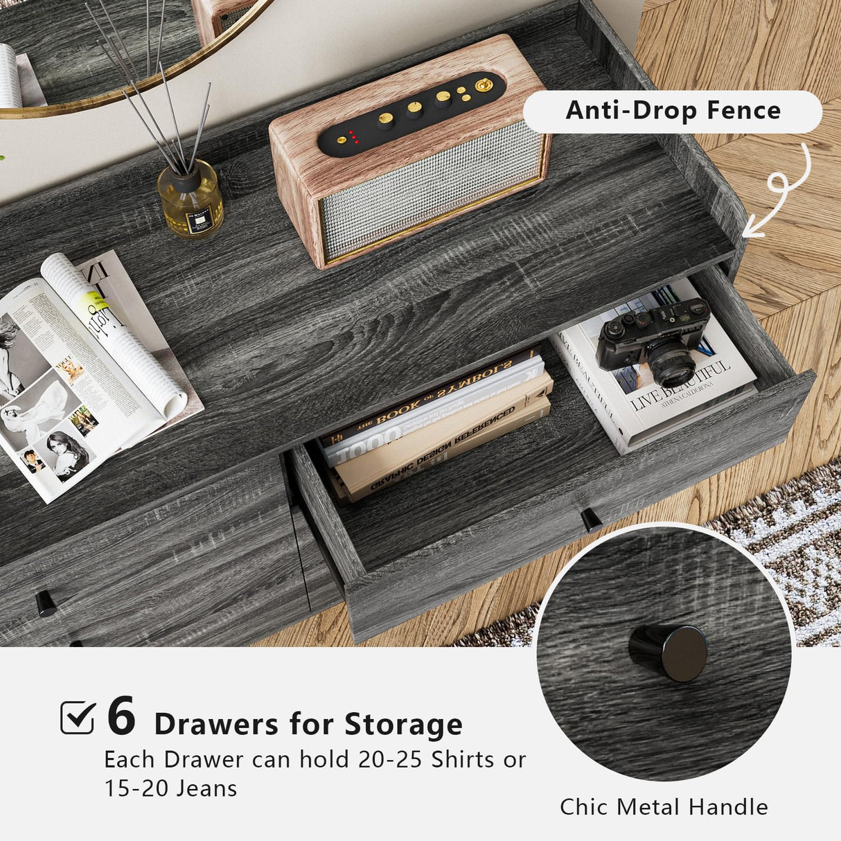 LYNSOM Dresser for Bedroom, 6 Drawer Grey Dresser with Wide Drawer and Metal Handles, Modern Dressers & Chests of Drawers for Hallway Entryway LYNSOM