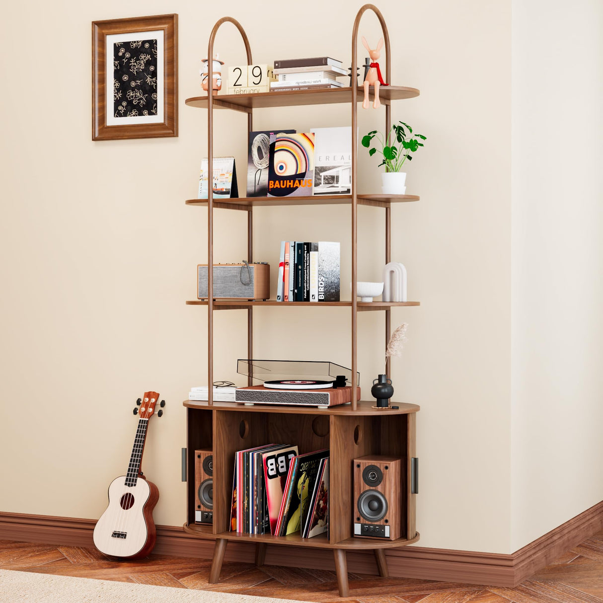 Tall Vinyl Record Player Stand, 4 Tier Arched Bookshelf with Sliding Doors, Retro Small Record Storage Cabinet, Fluted Media Display Shelf, Mid Century Modern Turntable Stand for Living Room, Walnut Woemtoric