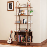 Tall Vinyl Record Player Stand, 4 Tier Arched Bookshelf with Sliding Doors, Retro Small Record Storage Cabinet, Fluted Media Display Shelf, Mid Century Modern Turntable Stand for Living Room, Walnut Woemtoric