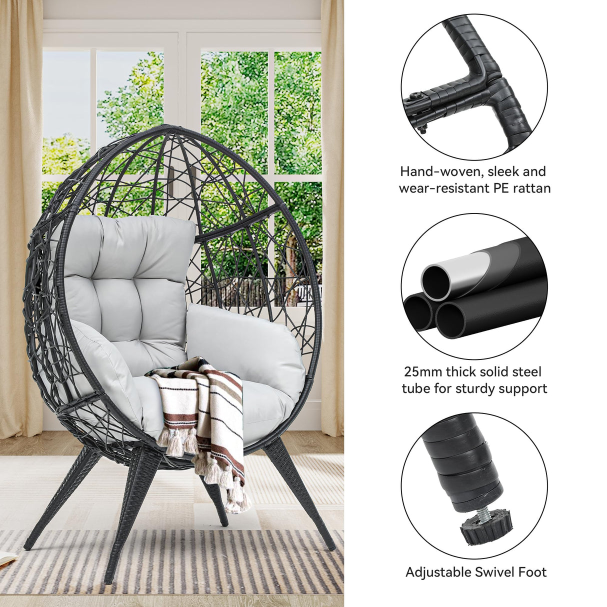 YITAHOME Large Wicker Egg Chair with Stand for Indoor and Outdoor, Cushion, and Adjustable Leveling Feet, Large Lounger for Garden, Patio, Balcony, Backyard,Supports up to 330lbs, Gray YITAHOME