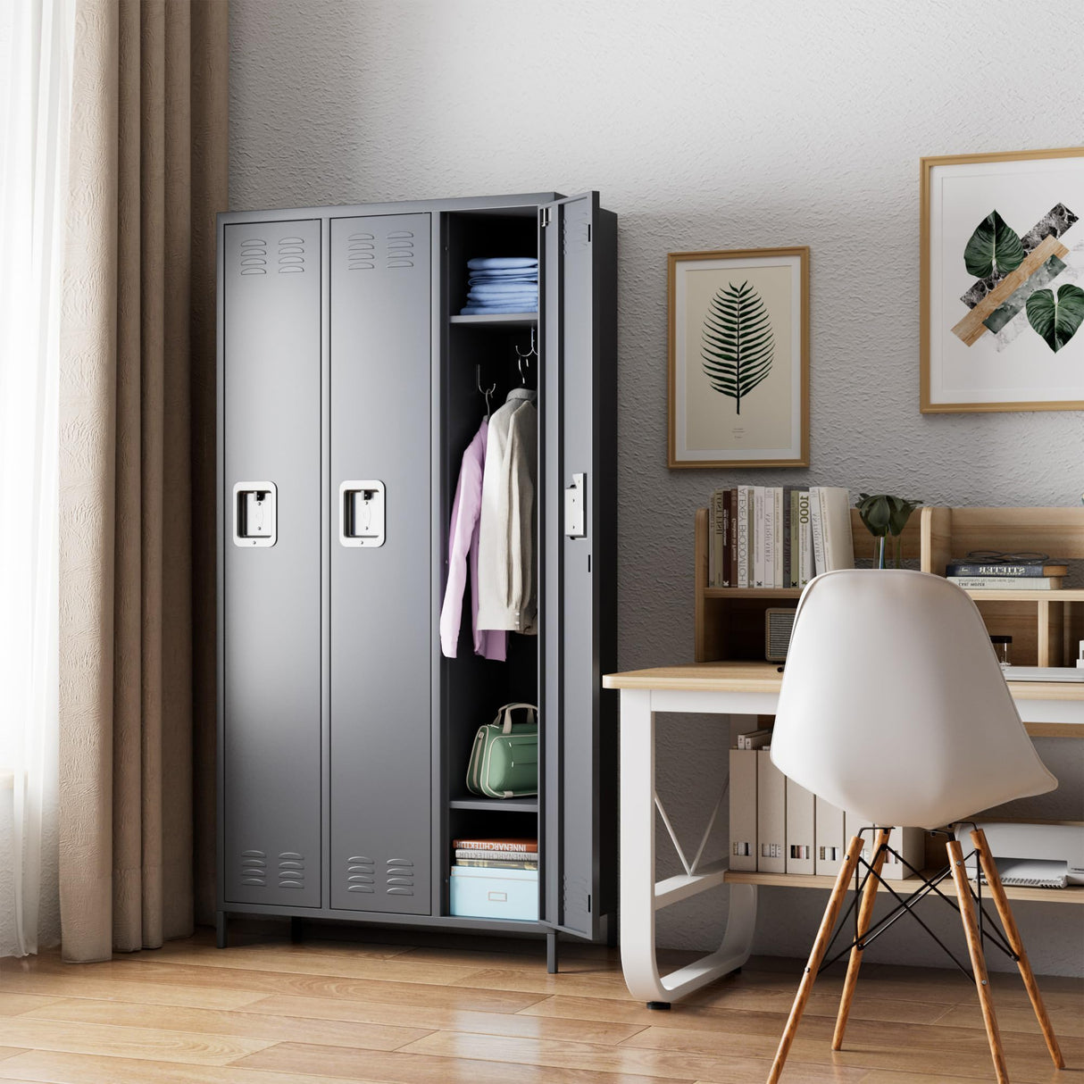 SUPEER Metal Employee Lockers with 3 Doors,Metal Locker with 9 Hooks for Office Gym Garage Home,Assembly Required,Dark Grey SUPEER