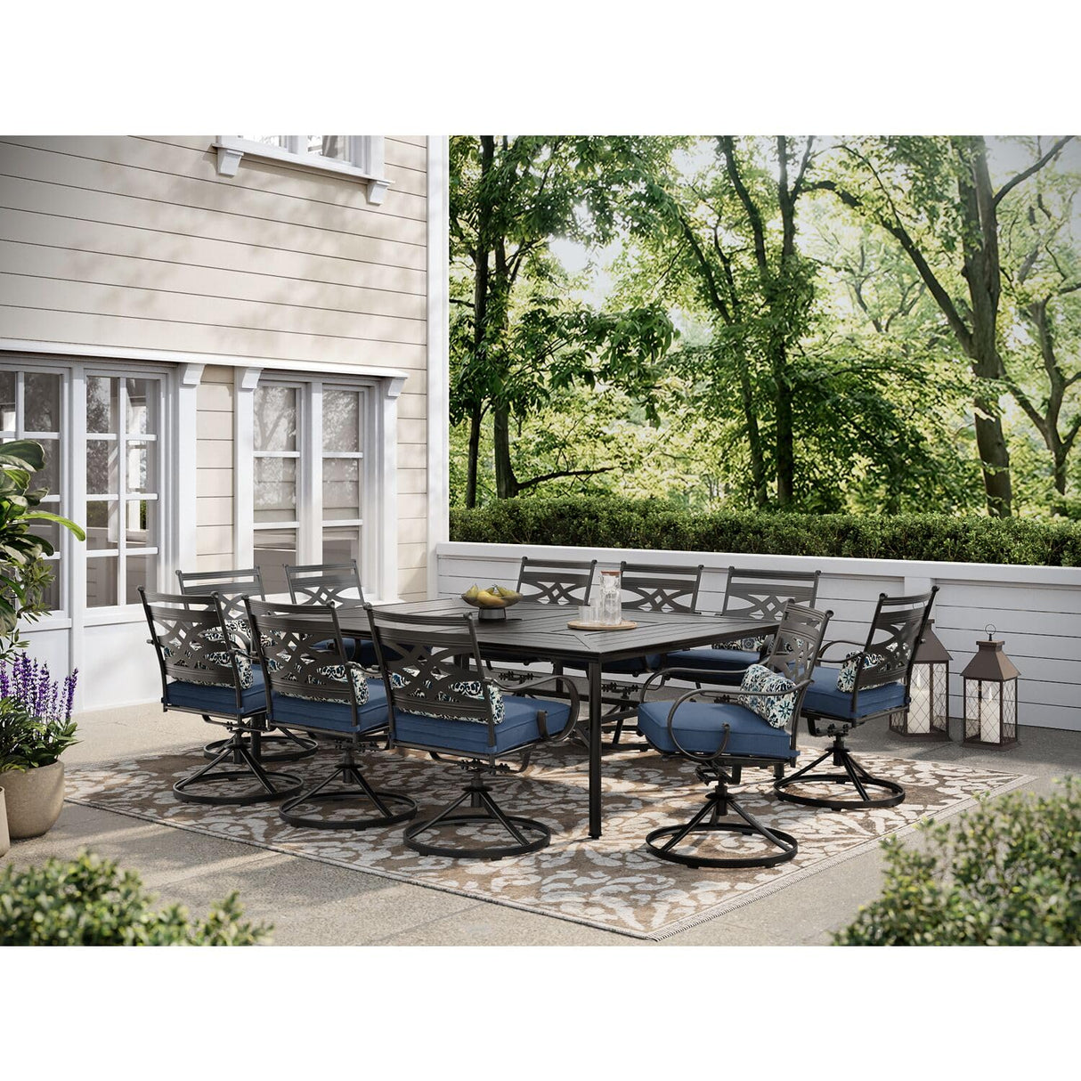 Hanover Montclair 11-Piece Patio Dining Set with 10 Swivel Rocker Chairs, Accent Lumbar Pillows and 84"x60" Steel Stamped Rectangular Table, Large Outdoor Patio Dining Set for 10, Navy Blue Hanover