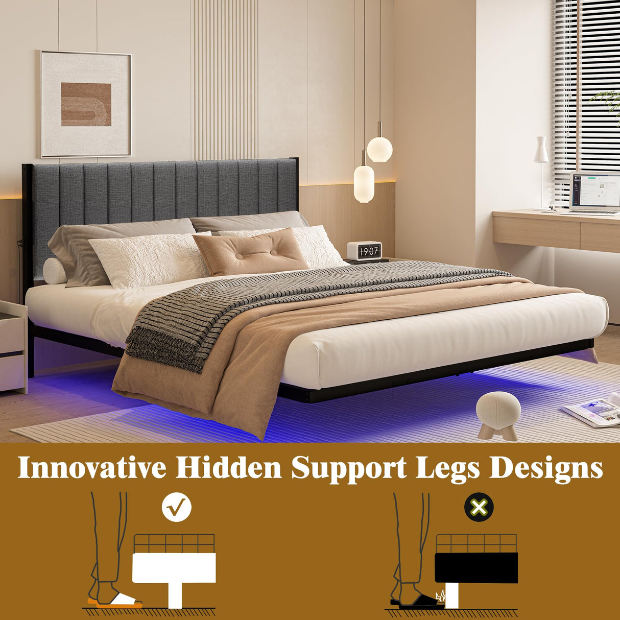 ARFARLY Floating Queen Bed Frame with LED Lights and Charging Station, Metal Platform Bed Frame Queen Size with Upholstered Headboard, No Box Spring Needed, Anti-Noise, Easy to Assemble ARFARLY