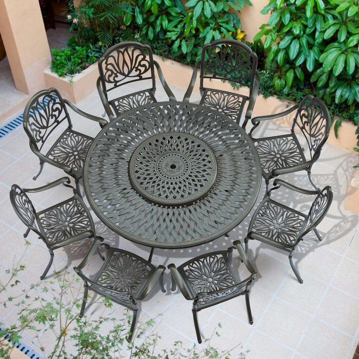 VIVIJASON 9-Piece Patio Furniture Dining Set, Rust-Free Cast Aluminum Outdoor Conversation Set, Include 8 Chairs & 61" Round Dining Table with 31" Lazy Susan, Umbrella Hole for Lawn Garden VIVIJASON