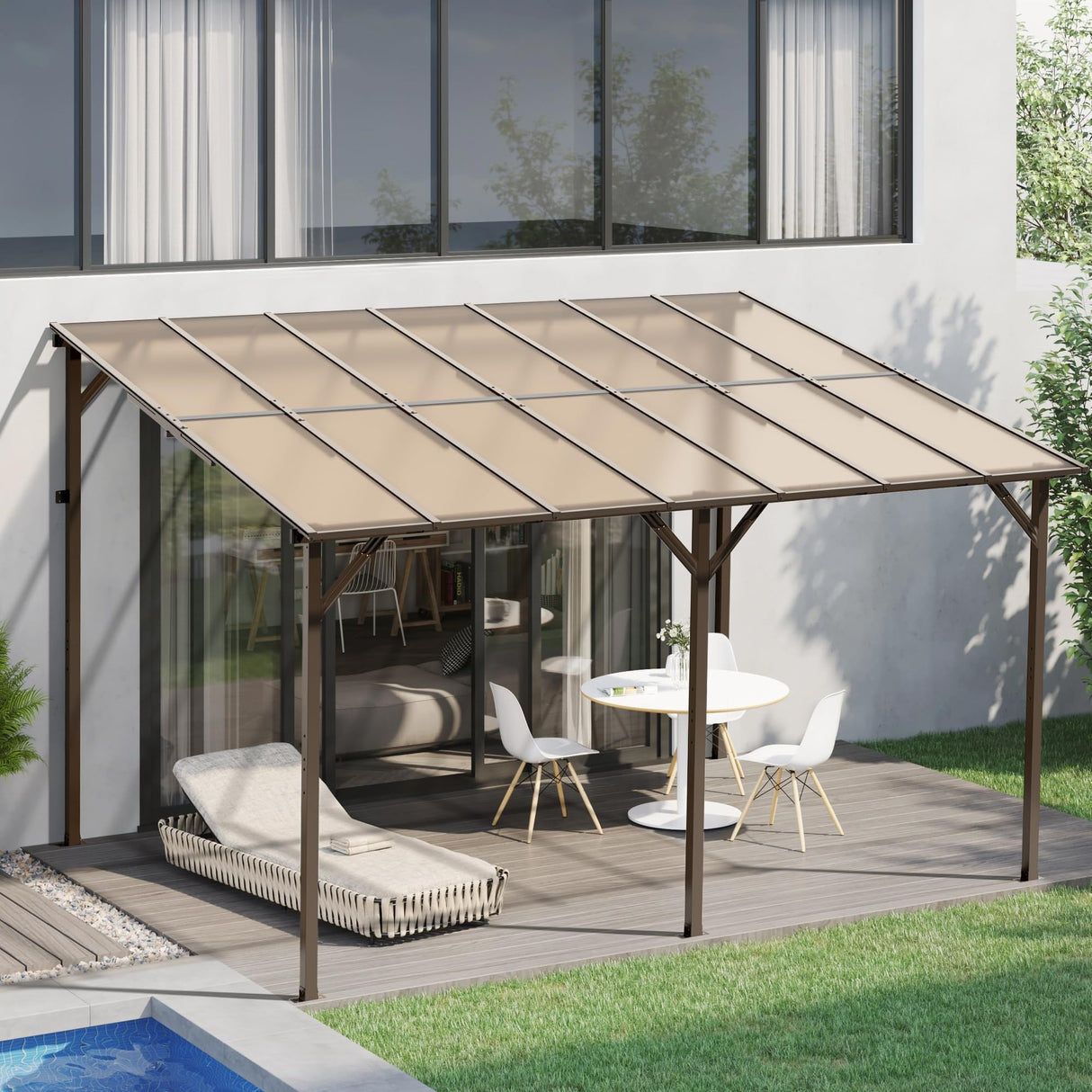 Crownland 10'x14' Outdoor Gazebo Hardtop, Wall-Mounted Lean-to Gazebo with Dewatering Hole, Large Outdoor Pergola Awning, Waterproof for Deck, Backyard, Garden, Porch Crownland