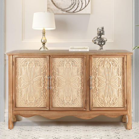 RoyalCraft Sideboard Buffet Cabinet with Storage,49'' Solid Wood Farmhouse Sideboard Credenza Accent Cabinet with 3 Carved Doors, TV Console Table for Entryway, Livng Room, Kitchen, Natural RoyalCraft