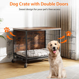 Dog Crate Furniture, 38.6" Wooden Dog Kennel with Wheels & Double Doors, Dog Cage End Table Upgraded, Indoor Dog Crate House for Large Medium Dogs, Rustic Brown GAOMON